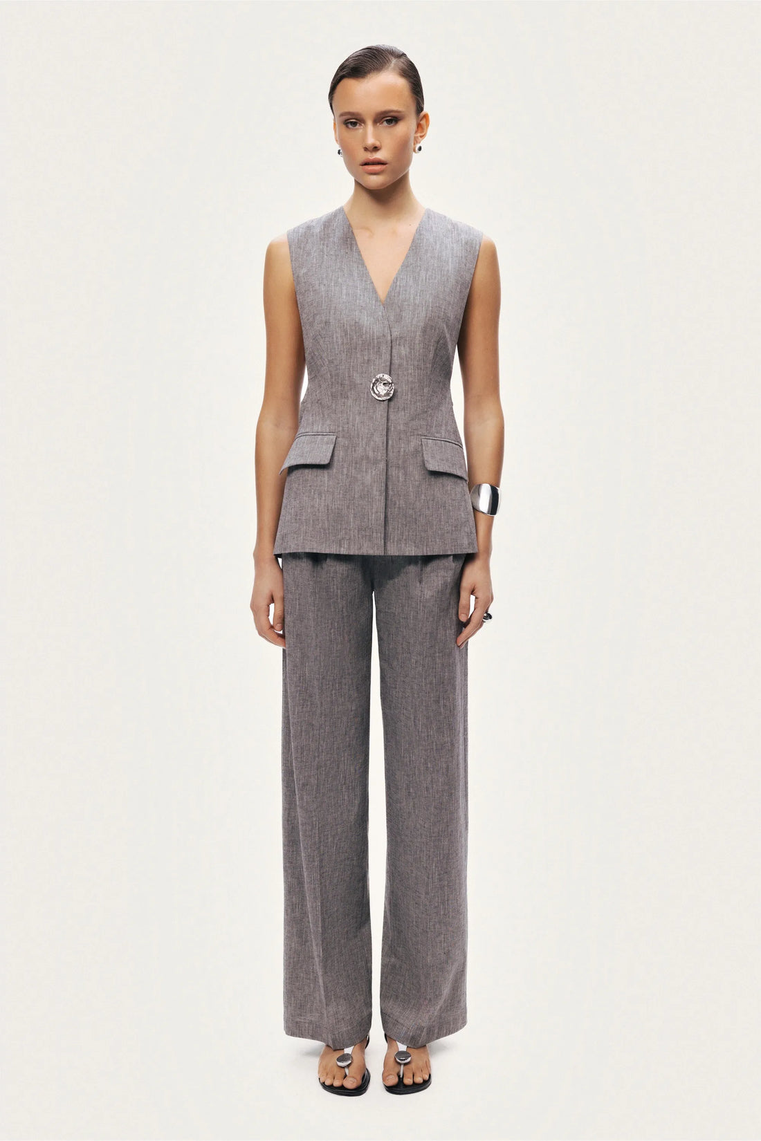 Nocturne Grey Melange Women Tailored Button-Front Vest SKU: N26YN7088_0112 Image 03