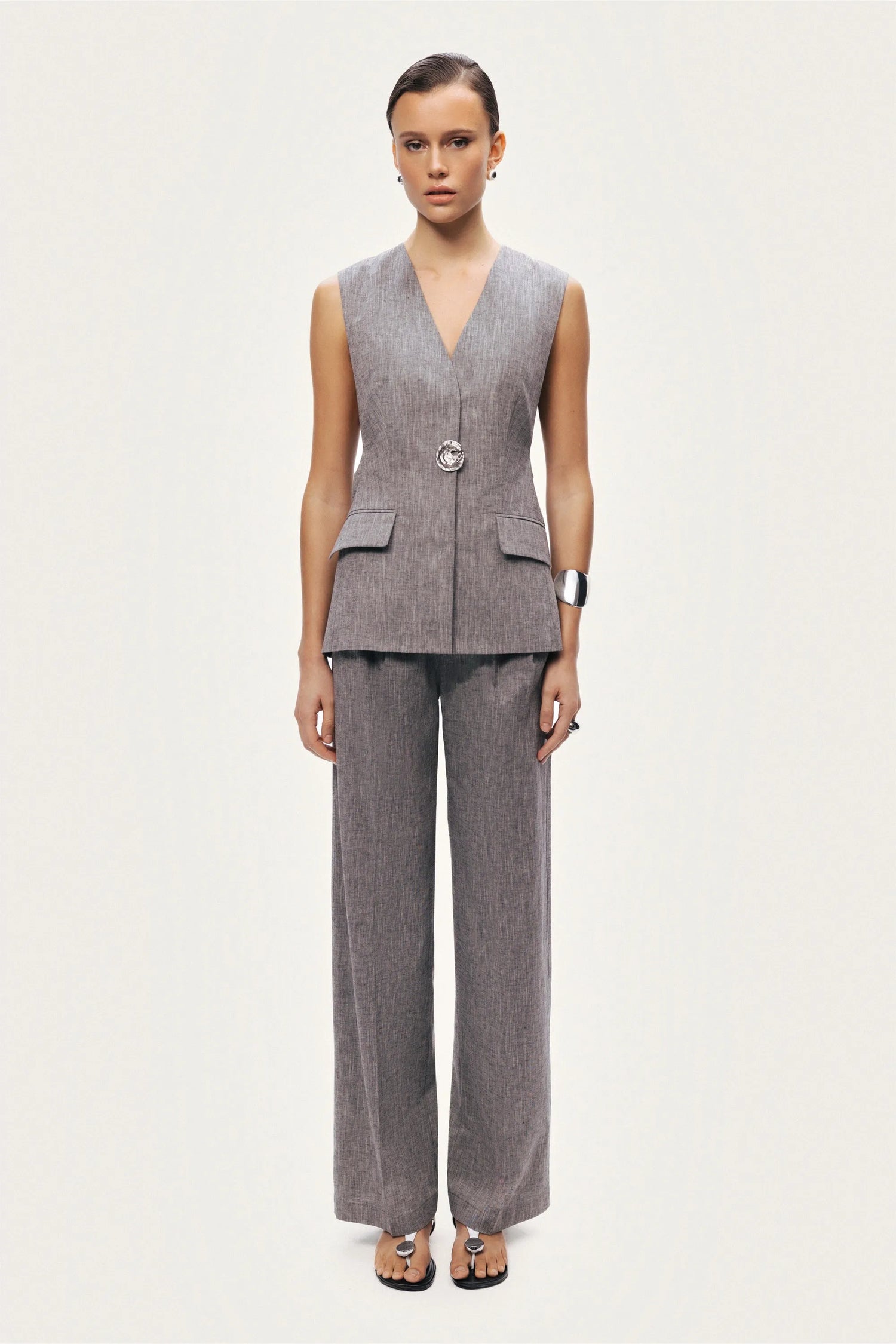 Nocturne Grey Melange Women Tailored Button-Front Vest SKU: N26YN7088_0112 Image 03