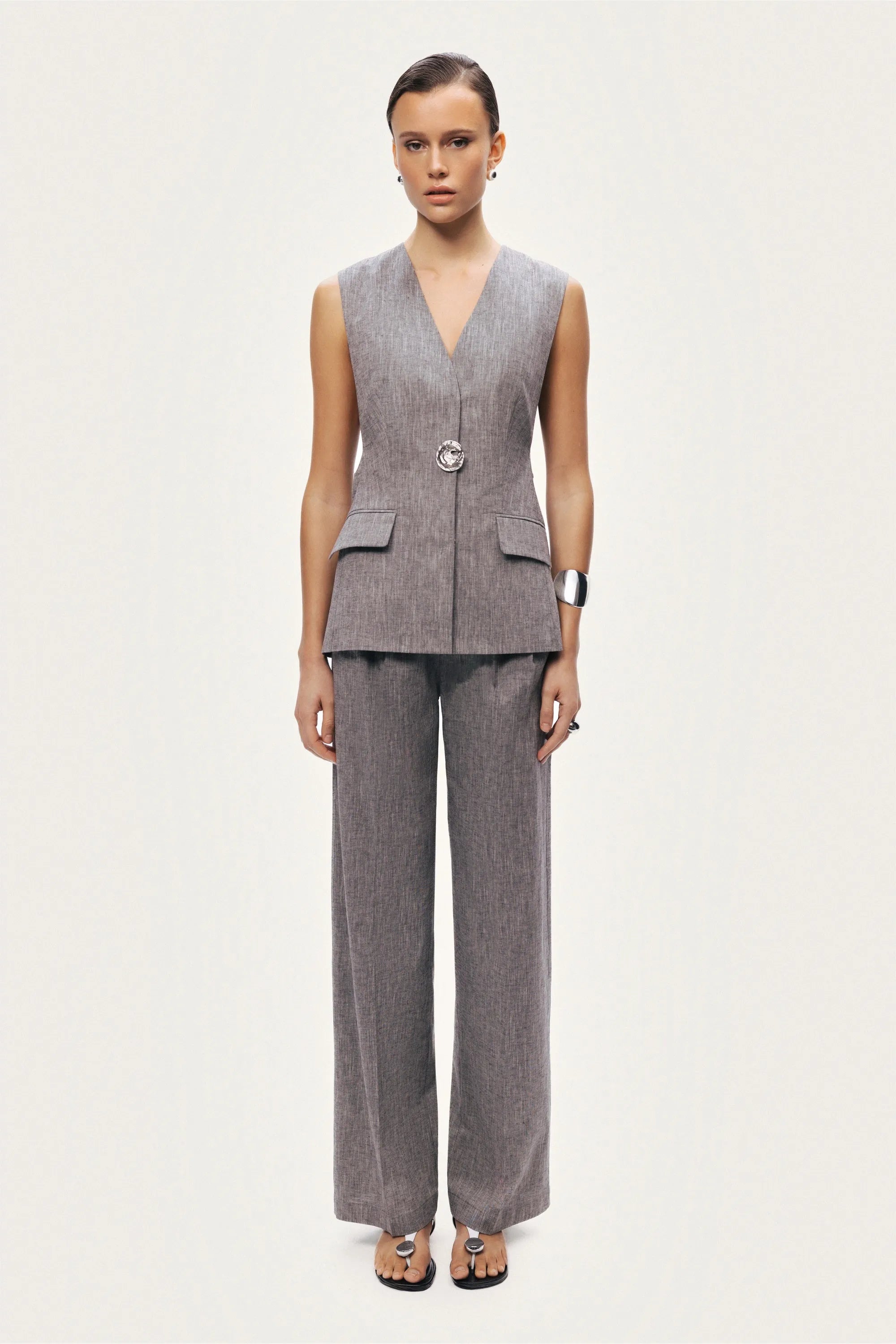 Nocturne Grey Melange Women Tailored Button-Front Vest SKU: N26YN7088_0112 Image 03