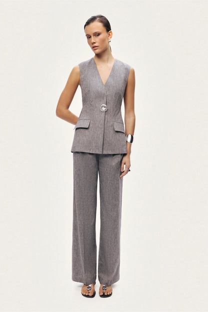 Nocturne Grey Melange Women Tailored Button-Front Vest SKU: N26YN7088_0112 Image 04
