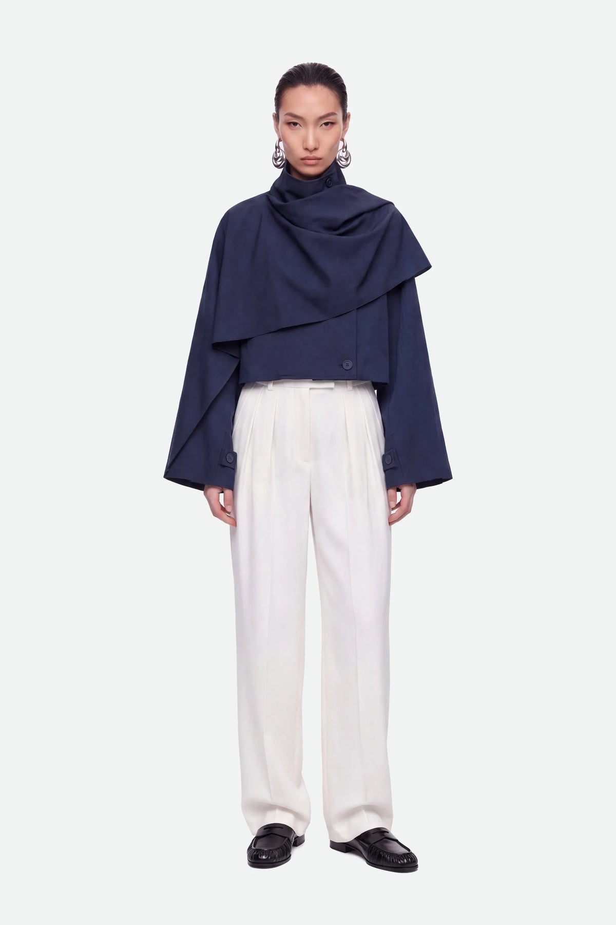 Nocturne Navy Women Shawl Detail Stand Collar Trench Coat SKU: N27KN11156_0009 Image 01