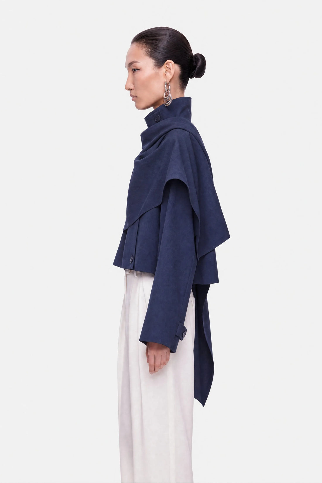 Nocturne Navy Women Shawl Detail Stand Collar Trench Coat SKU: N27KN11156_0009 Image 02