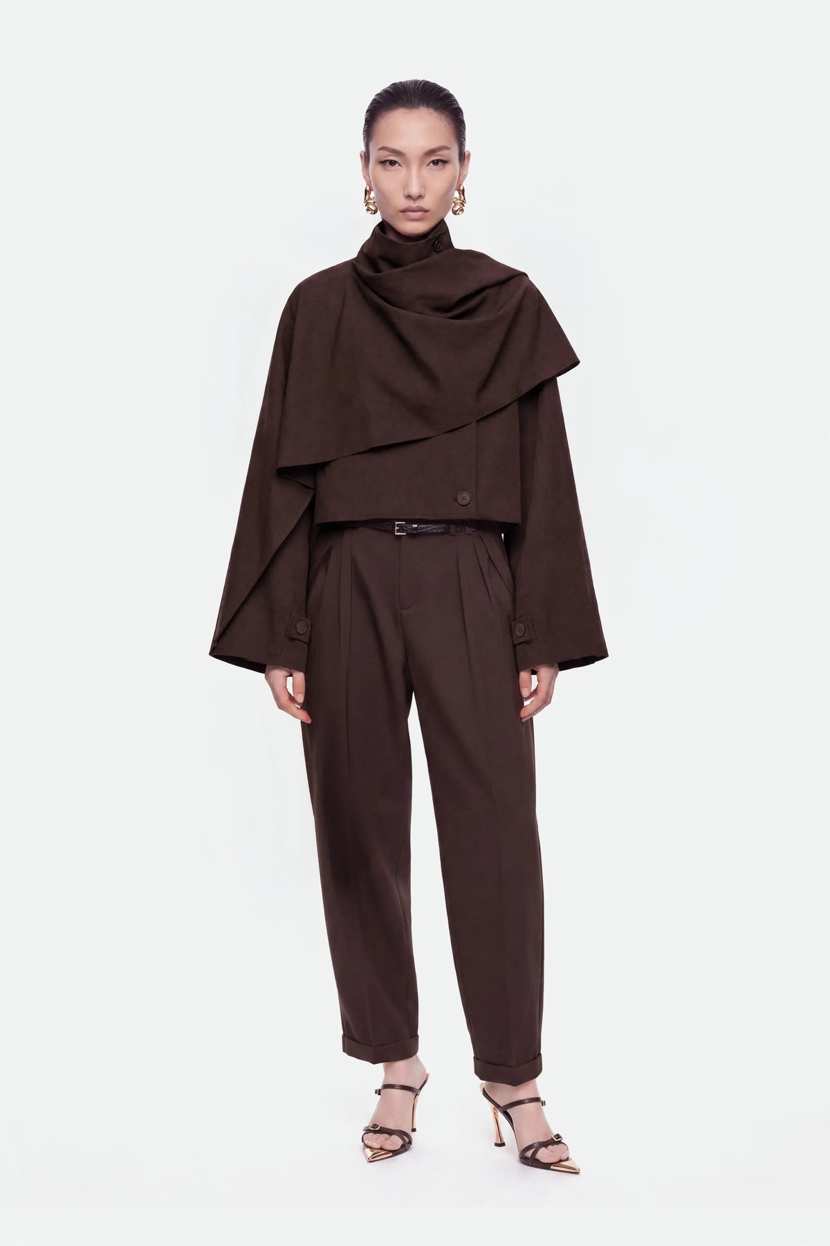 Nocturne Brown Women Shawl Detail Stand Collar Trench Coat SKU: N27KN11157_0025 Image 01