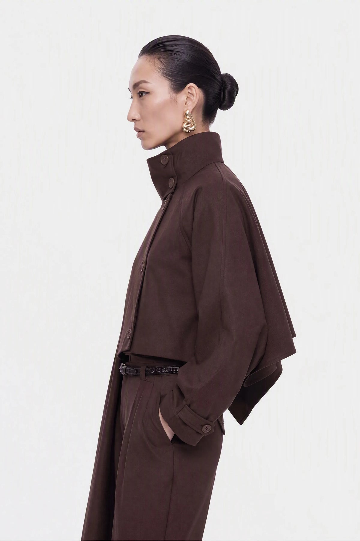 Nocturne Brown Women Shawl Detail Stand Collar Trench Coat SKU: N27KN11157_0025 Image 02