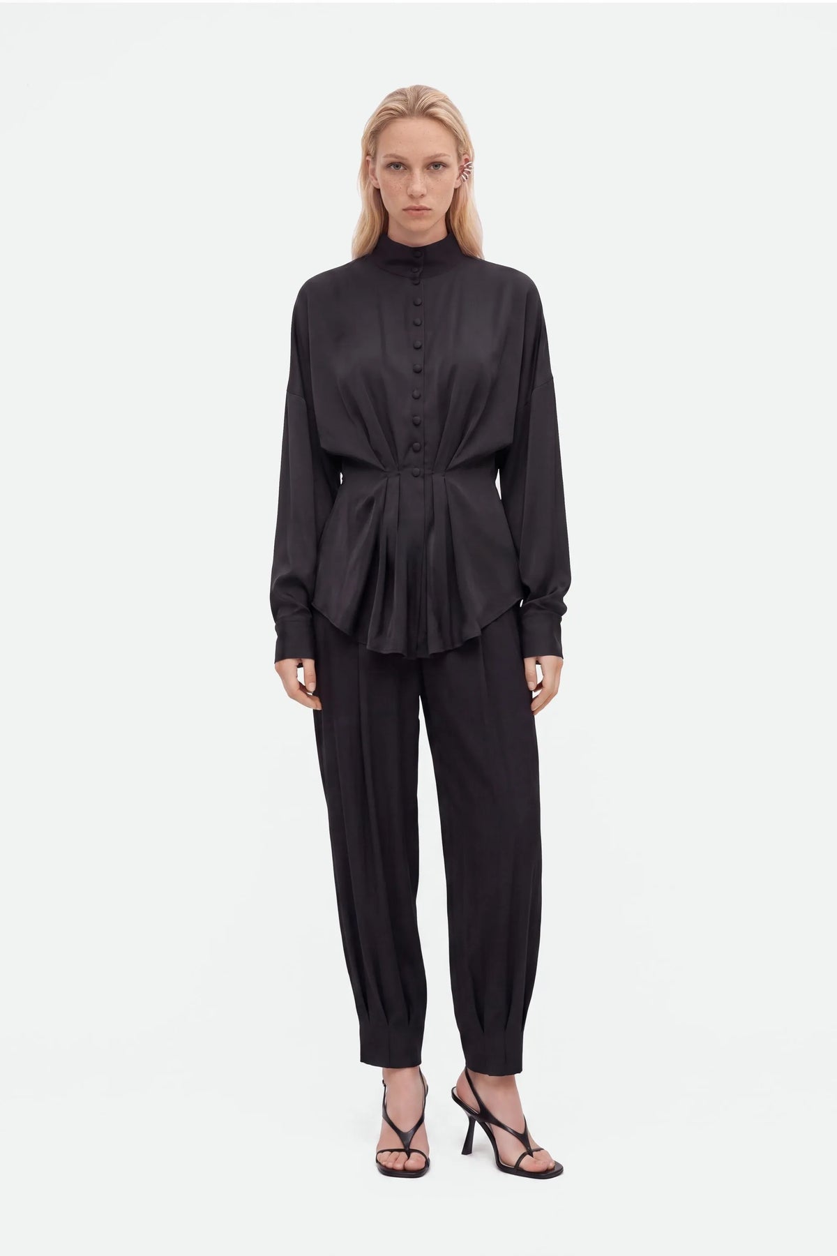 Nocturne Black Women Tie Detail Stand Collar Shirt SKU: N27KN25258_0002 Image 01