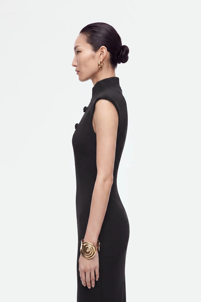 Nocturne Black Women Padded Shoulder Button Detail Maxi Dress SKU: N27KN2840_0002 Image 02