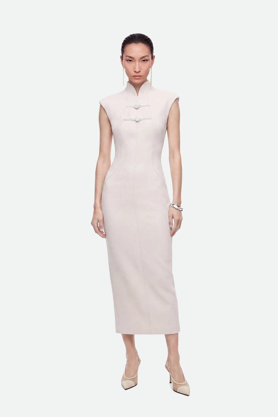 Nocturne Off-White Women Padded Shoulder Button Detail Maxi Dress SKU: N27KN2840_0014 Image 01
