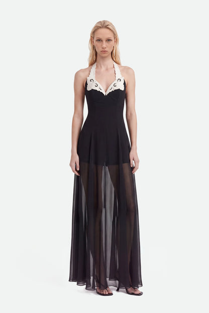 Nocturne Black Women Embroidery Detail Tulle Maxi Dress SKU: N27KN2842_0002 Image 01