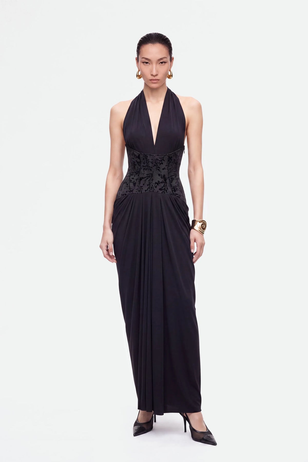Nocturne Black Women Jacquard Halter Neck Maxi Dress SKU: N27KN2846_0002 Image 01