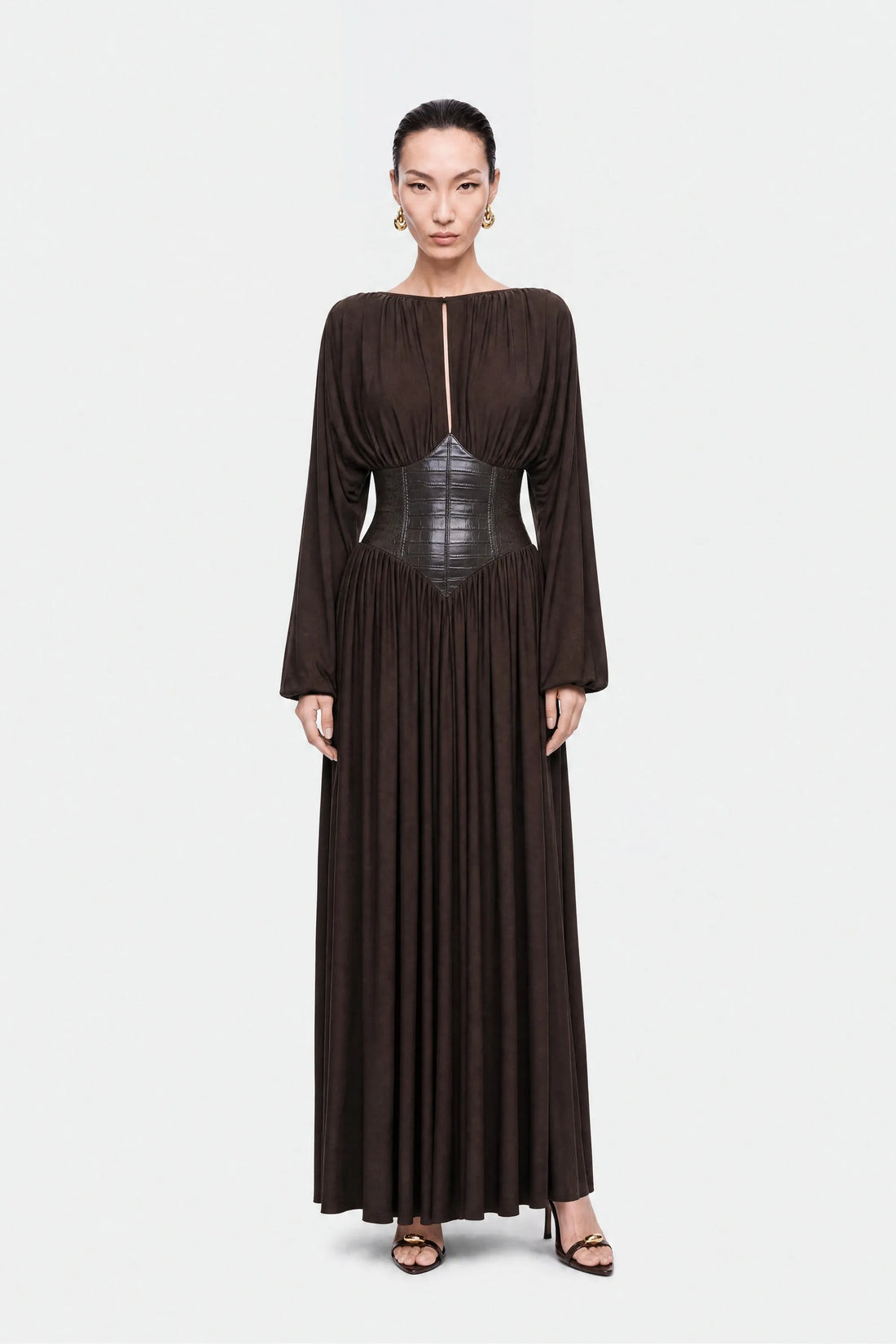 Nocturne Brown Women Leather Corset Maxi Dress SKU: N27KN2857_0025 Image 01