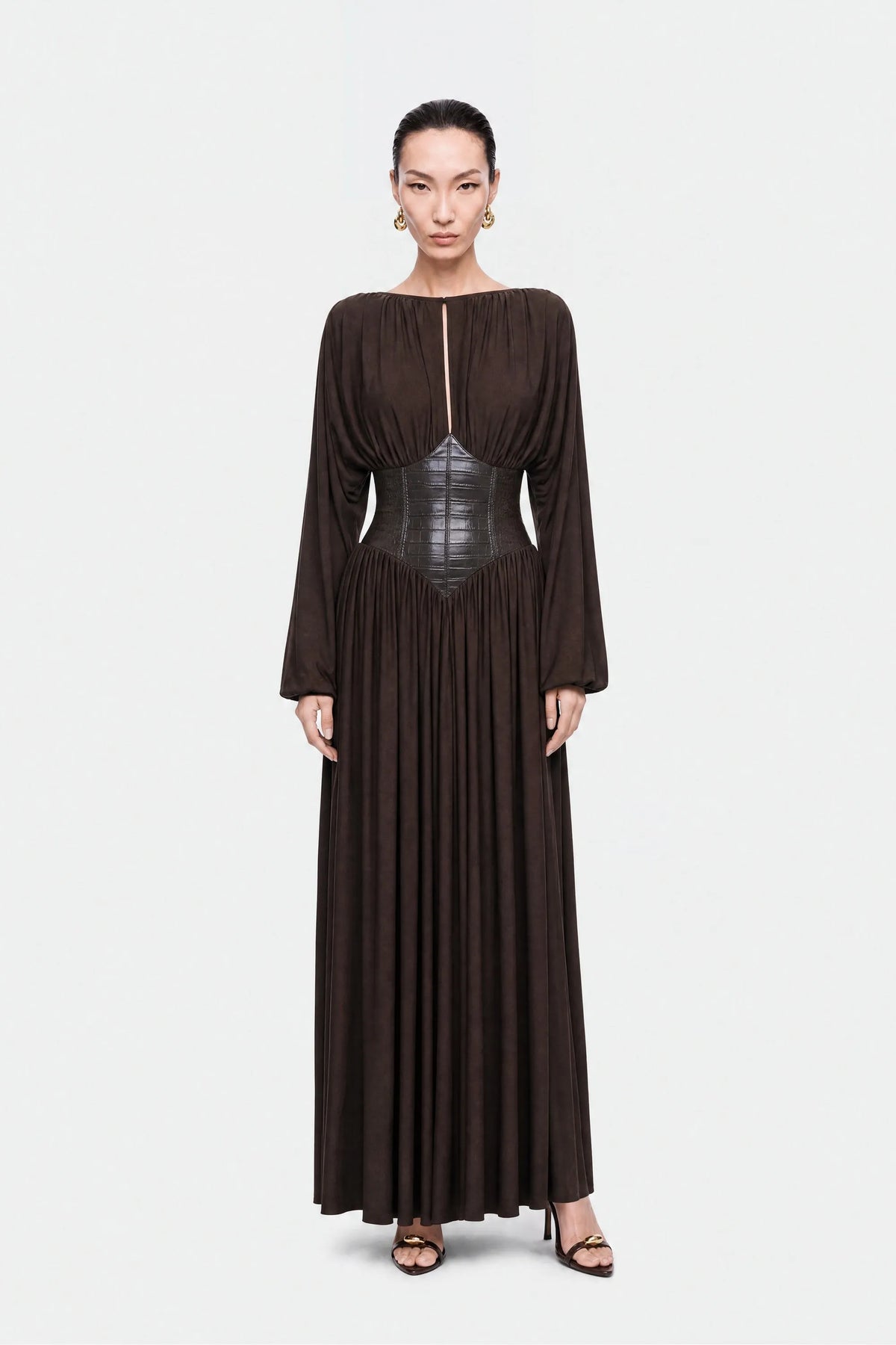 Nocturne Brown Women Leather Corset Maxi Dress SKU: N27KN2857_0025 Image 01
