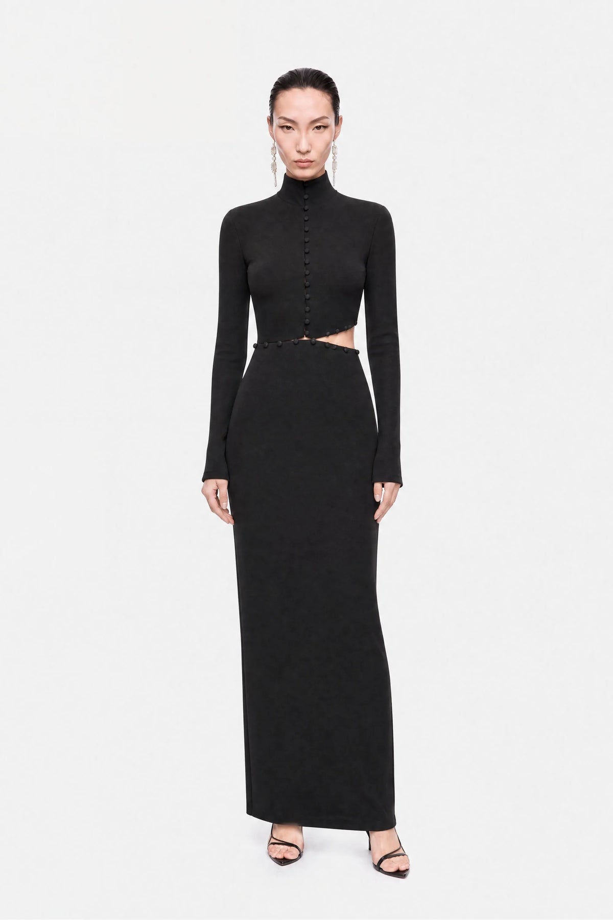Nocturne Black Women Button Detail Stand Collar Maxi Dress SKU: N27KN2871_0002 Image 01