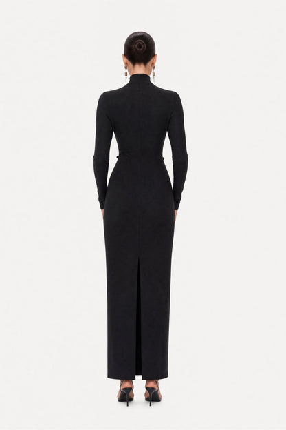 Nocturne Black Women Button Detail Stand Collar Maxi Dress SKU: N27KN2871_0002 Image 03