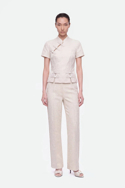 Nocturne Off-White Women Textured Mid Rise Trousers SKU: N27KN3539_0014 Image 03