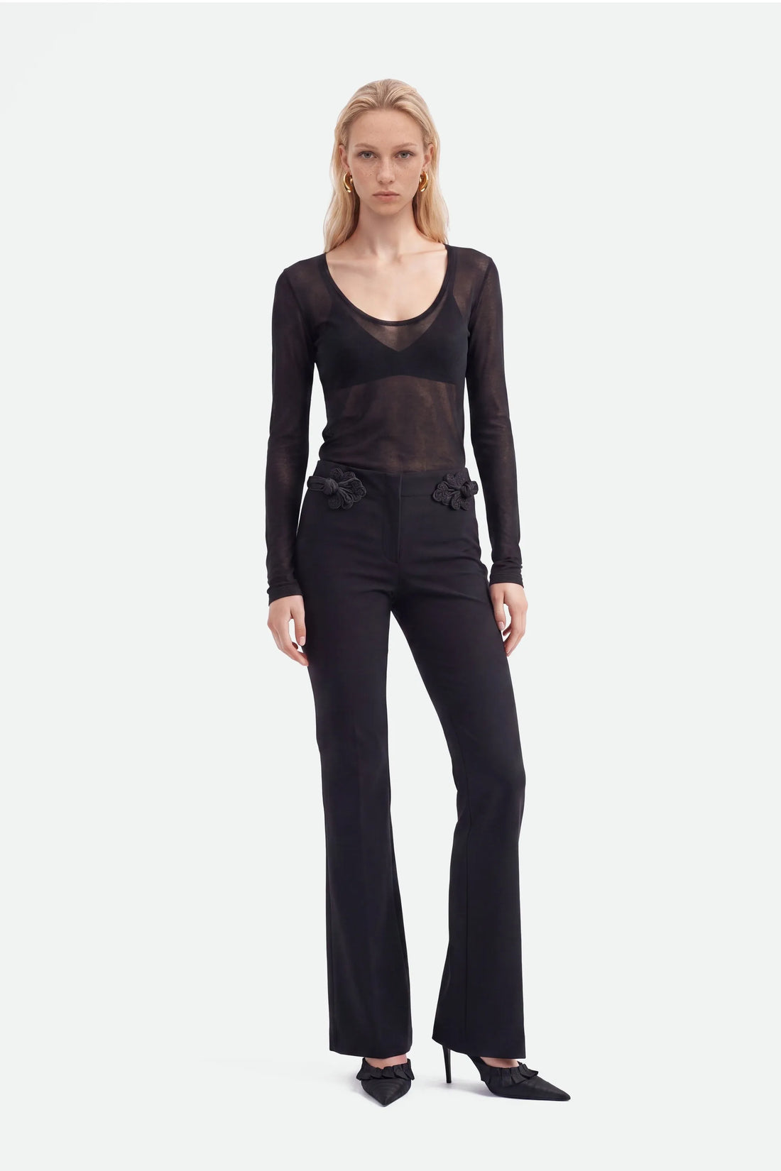 Nocturne Black Women Button Accessory Flare Trousers SKU: N27KN3583_0002 Image 01