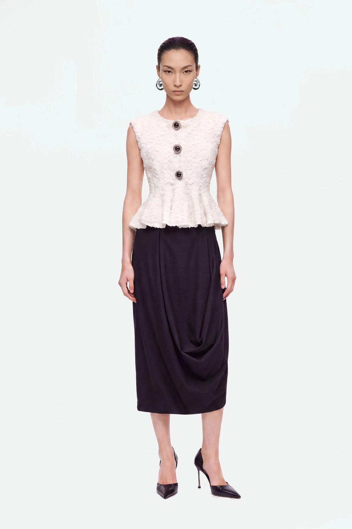 Nocturne Black Women Draped Pleat Detail Midi Skirt SKU: N27KN4284_0002 Image 01