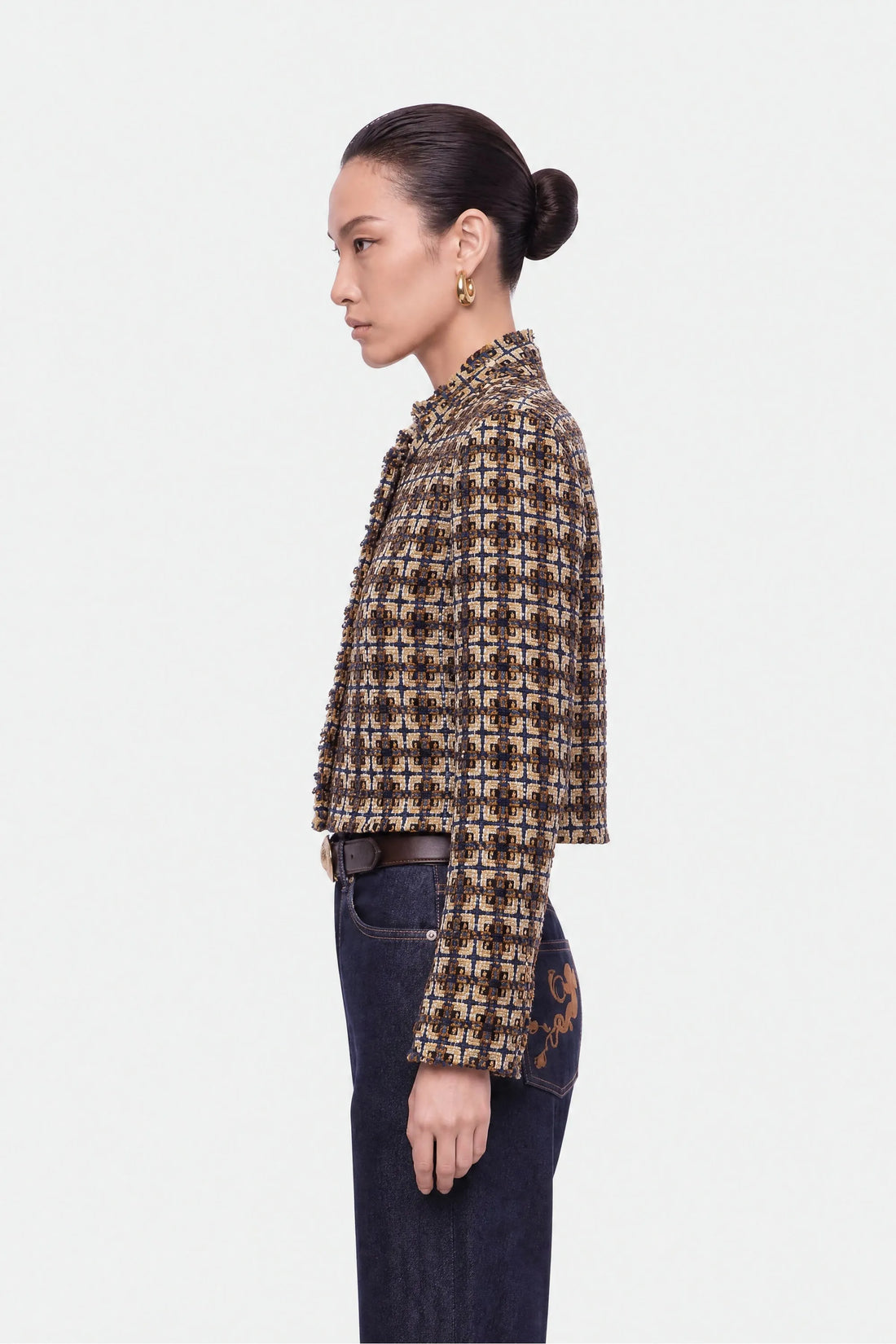 Nocturne Gold Coloured Women Cropped Tweed Jacket SKU: N27KN5406_0028 Image 02