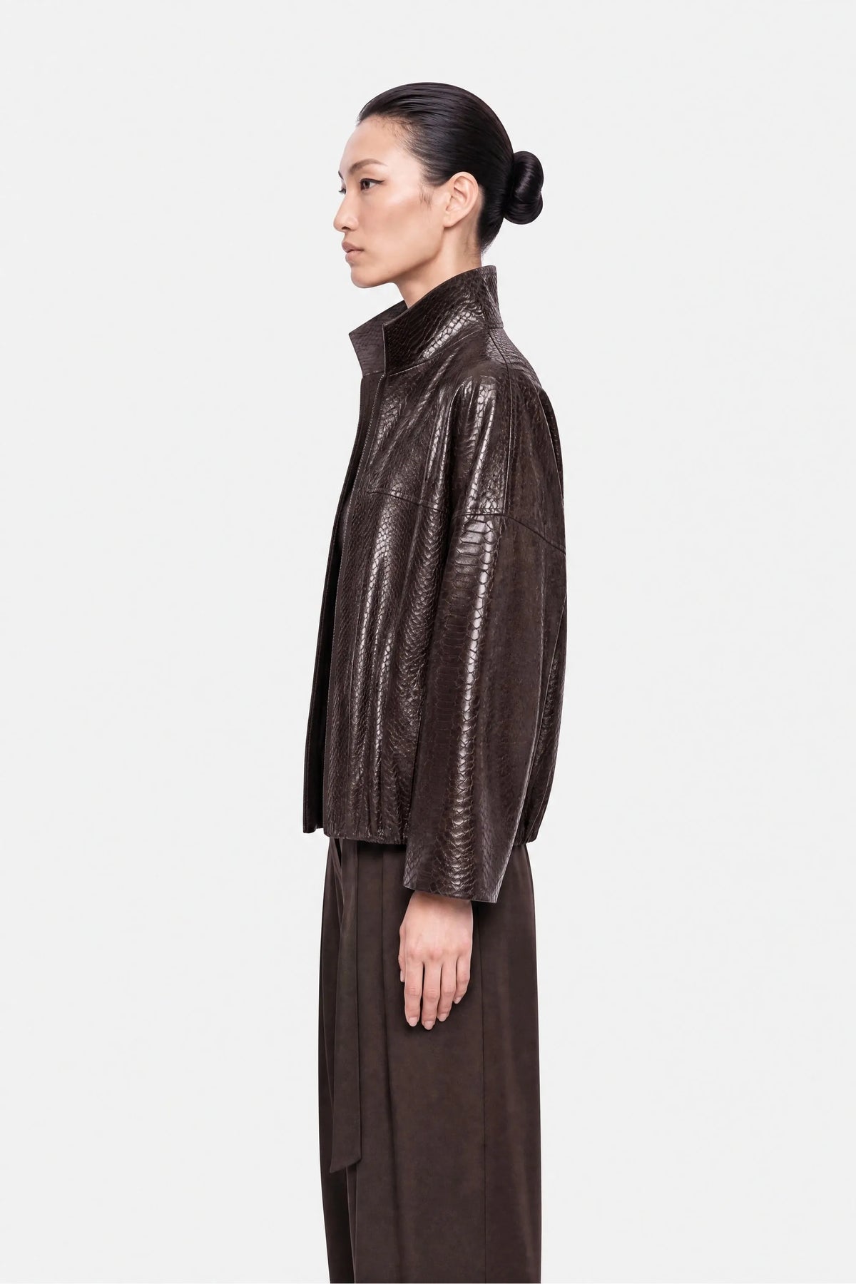 Nocturne Dark Brown Women Snake Effect Leather Jacket SKU: N27KN5411_0094 Image 03