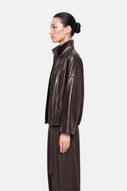 Nocturne Dark Brown Women Snake Effect Leather Jacket SKU: N27KN5411_0094 Image 03