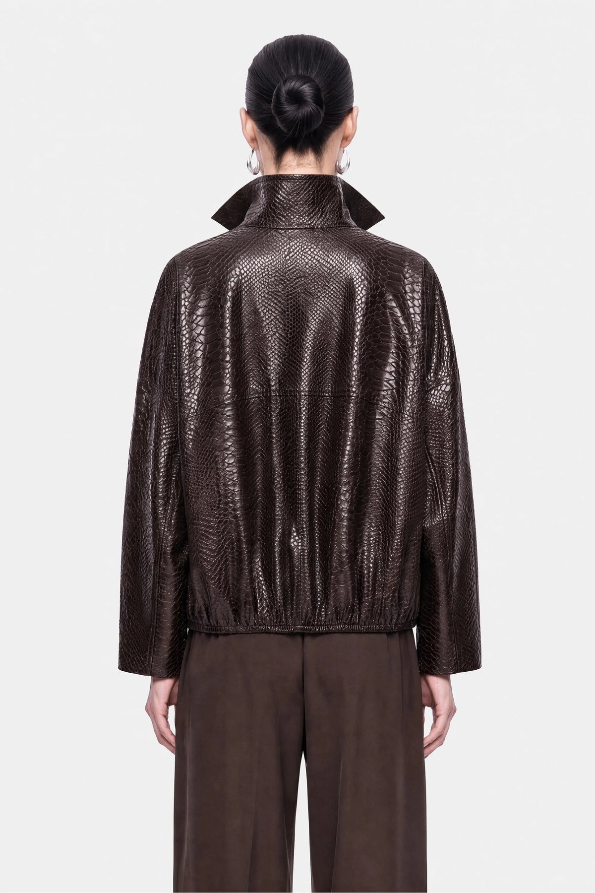 Nocturne Dark Brown Women Snake Effect Leather Jacket SKU: N27KN5411_0094 Image 04