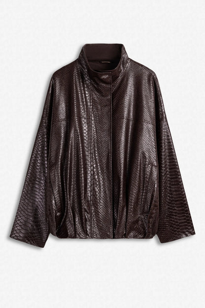 Nocturne Dark Brown Women Snake Effect Leather Jacket SKU: N27KN5411_0094 Image 05