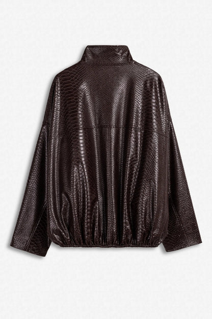 Nocturne Dark Brown Women Snake Effect Leather Jacket SKU: N27KN5411_0094 Image 06