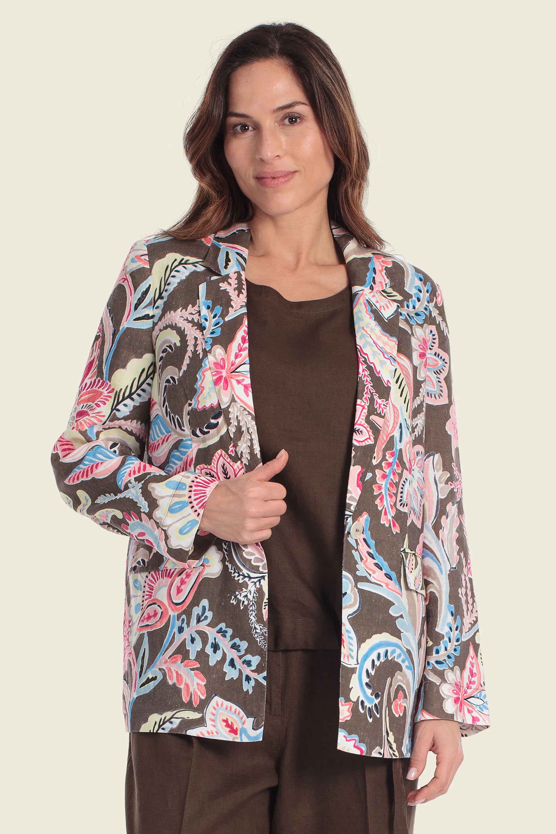 Gerry Weber Flowers &amp; Leaves Brown Print 0 100% Linen Printed Blazer SKU: N60167_677 Image 01