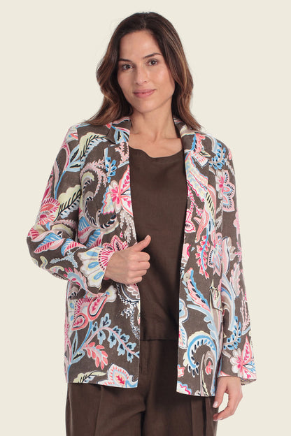 Gerry Weber Flowers &amp; Leaves Brown Print 0 100% Linen Printed Blazer SKU: N60167_677 Image 01