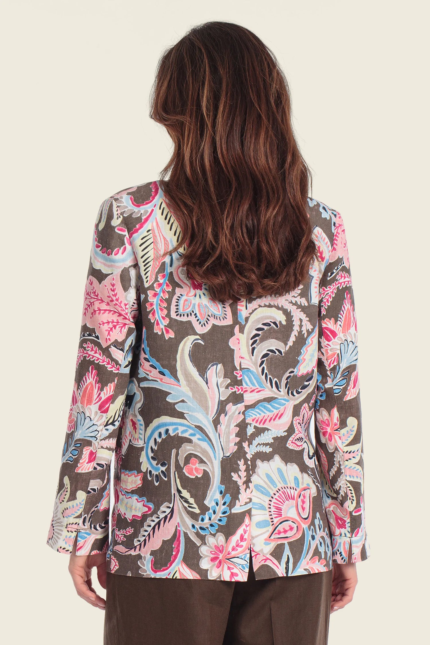 Gerry Weber Flowers &amp; Leaves Brown Print 0 100% Linen Printed Blazer SKU: N60167_677 Image 02