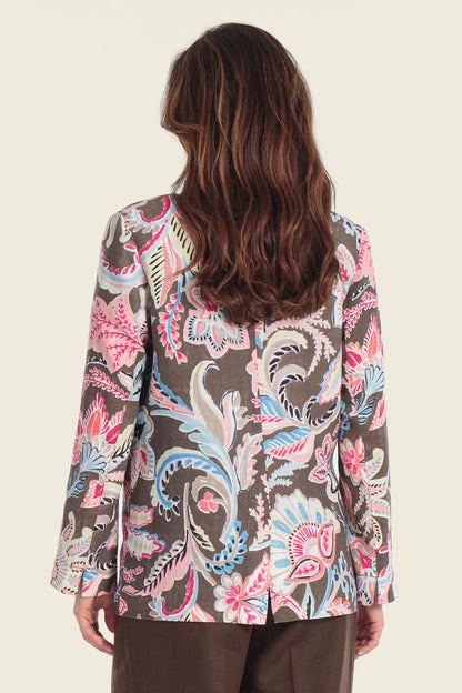 Gerry Weber Flowers &amp; Leaves Brown Print 0 100% Linen Printed Blazer SKU: N60167_677 Image 02
