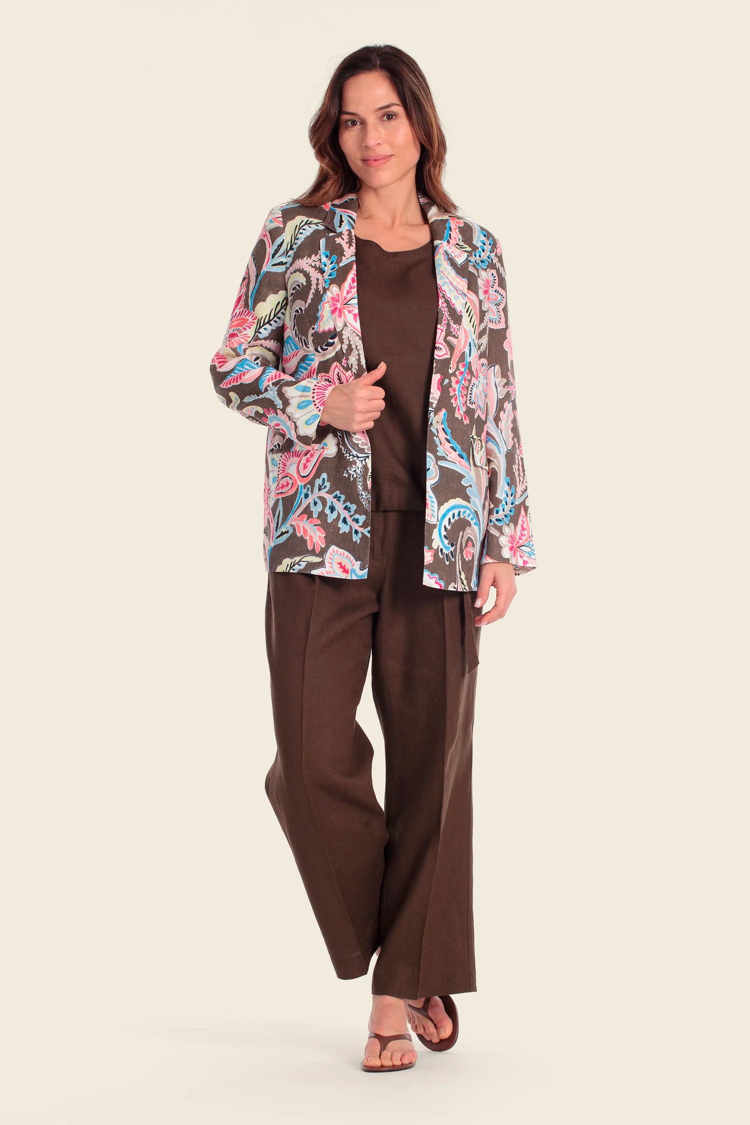 Gerry Weber Flowers &amp; Leaves Brown Print 0 100% Linen Printed Blazer SKU: N60167_677 Image 03