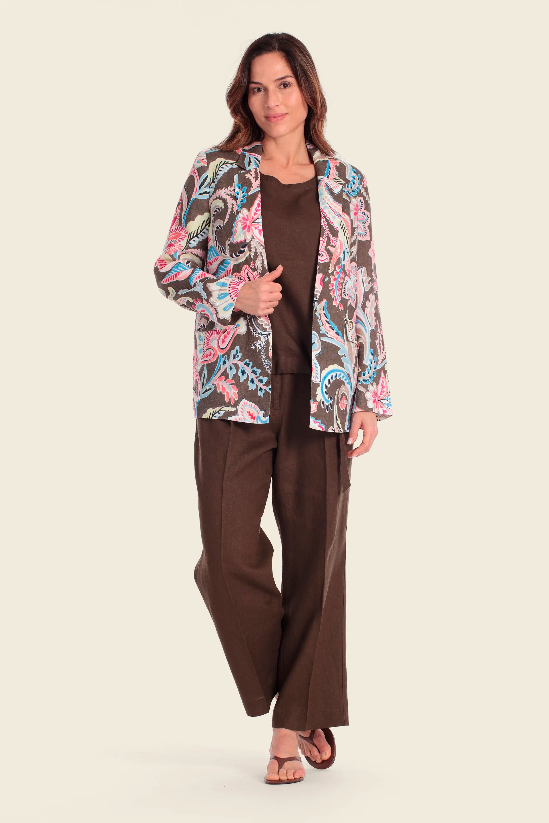 Gerry Weber Flowers &amp; Leaves Brown Print 0 100% Linen Printed Blazer SKU: N60167_677 Image 03
