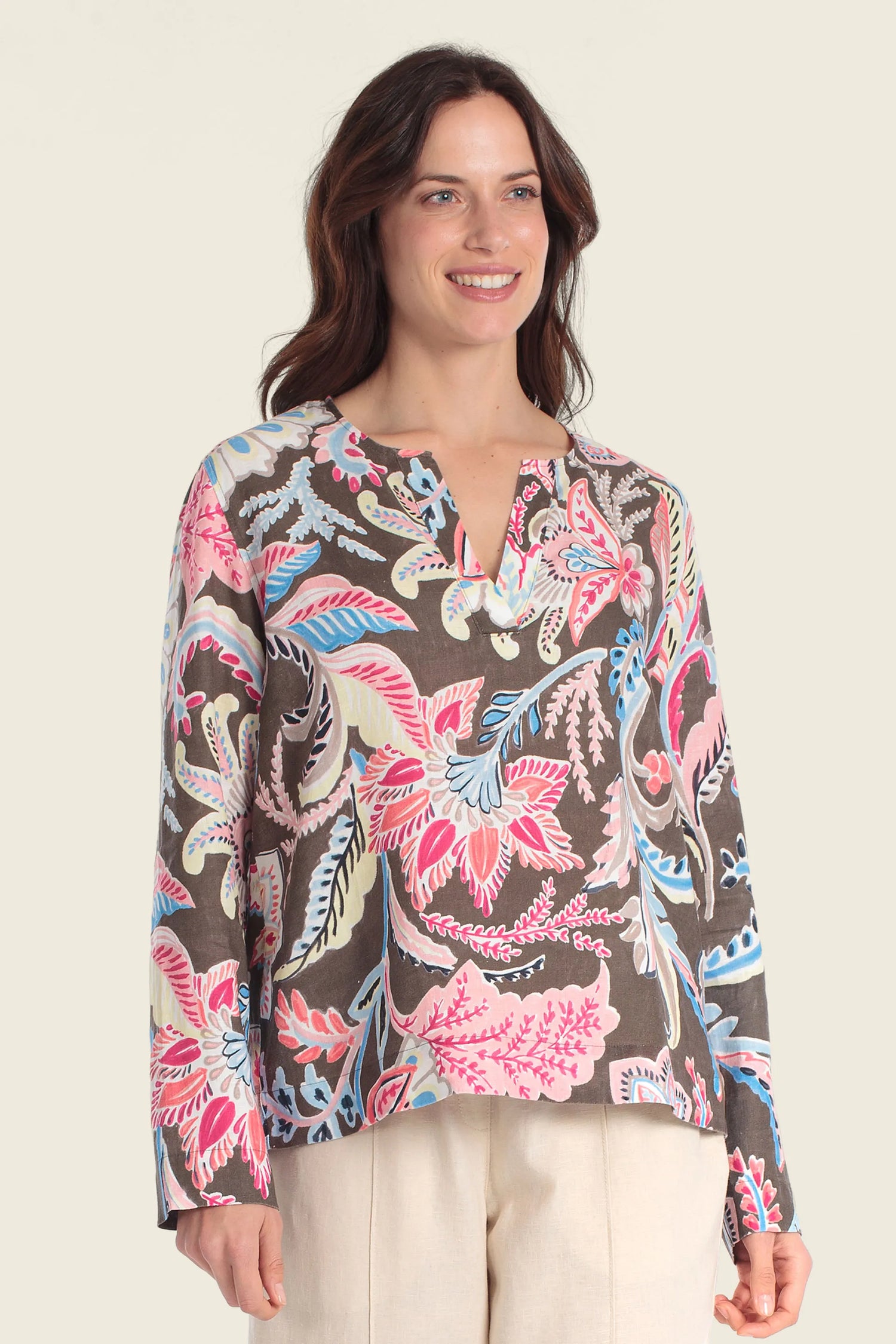 Gerry Weber Flowers &amp; Leaves Brown Print 0 Long Sleeve Printed Blouse SKU: N60484_677 Image 01