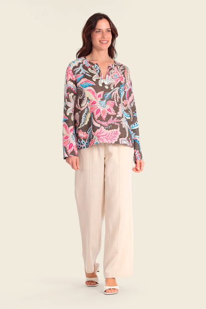 Gerry Weber Flowers &amp; Leaves Brown Print 0 Long Sleeve Printed Blouse SKU: N60484_677 Image 03