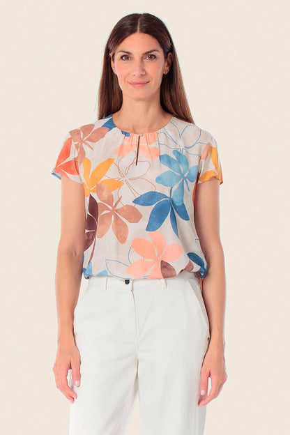 Gerry Weber Beige Elm Tree 0 Short Sleeve Floral Print Blouse SKU: N61018_393 Image 01