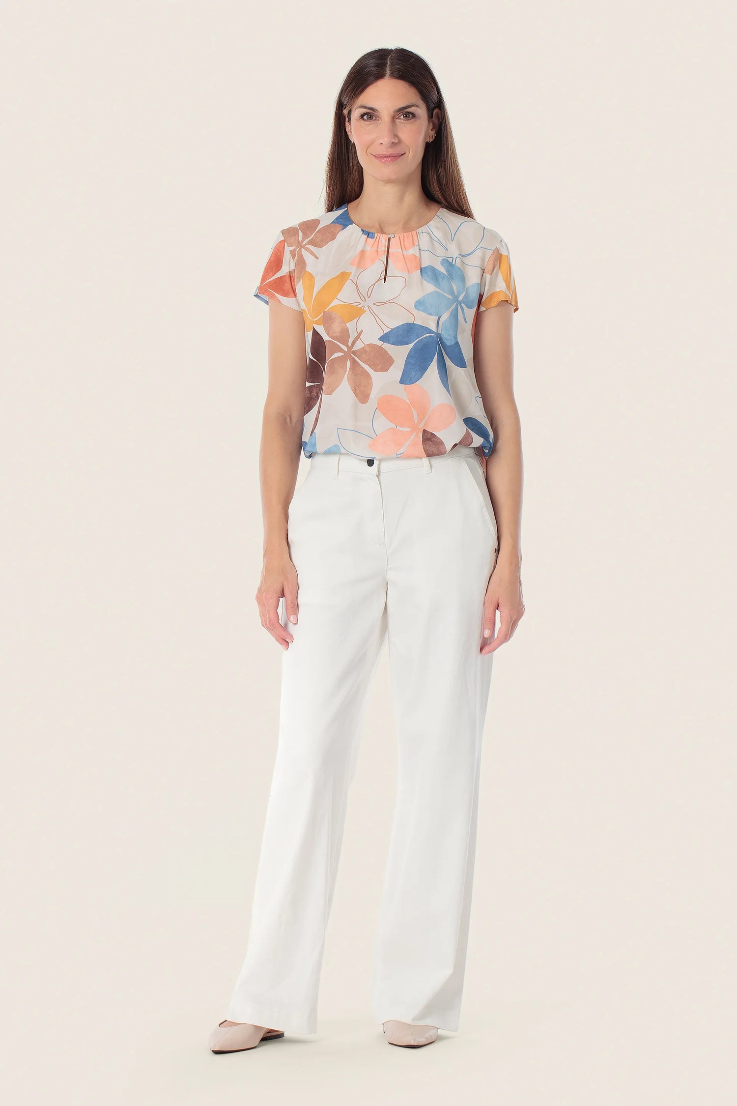 Gerry Weber Beige Elm Tree 0 Short Sleeve Floral Print Blouse SKU: N61018_393 Image 03