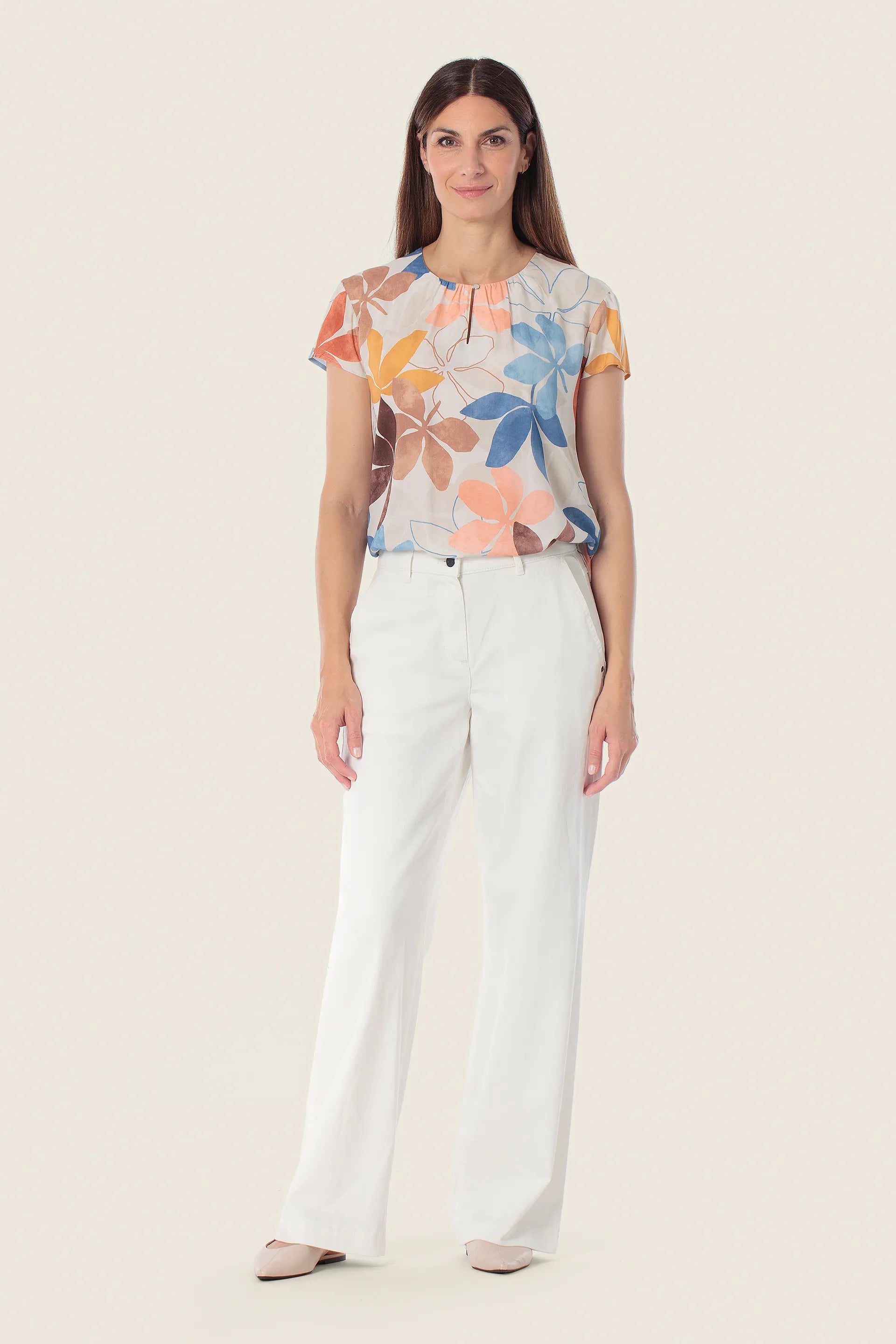 Gerry Weber Beige Elm Tree 0 Short Sleeve Floral Print Blouse SKU: N61018_393 Image 03