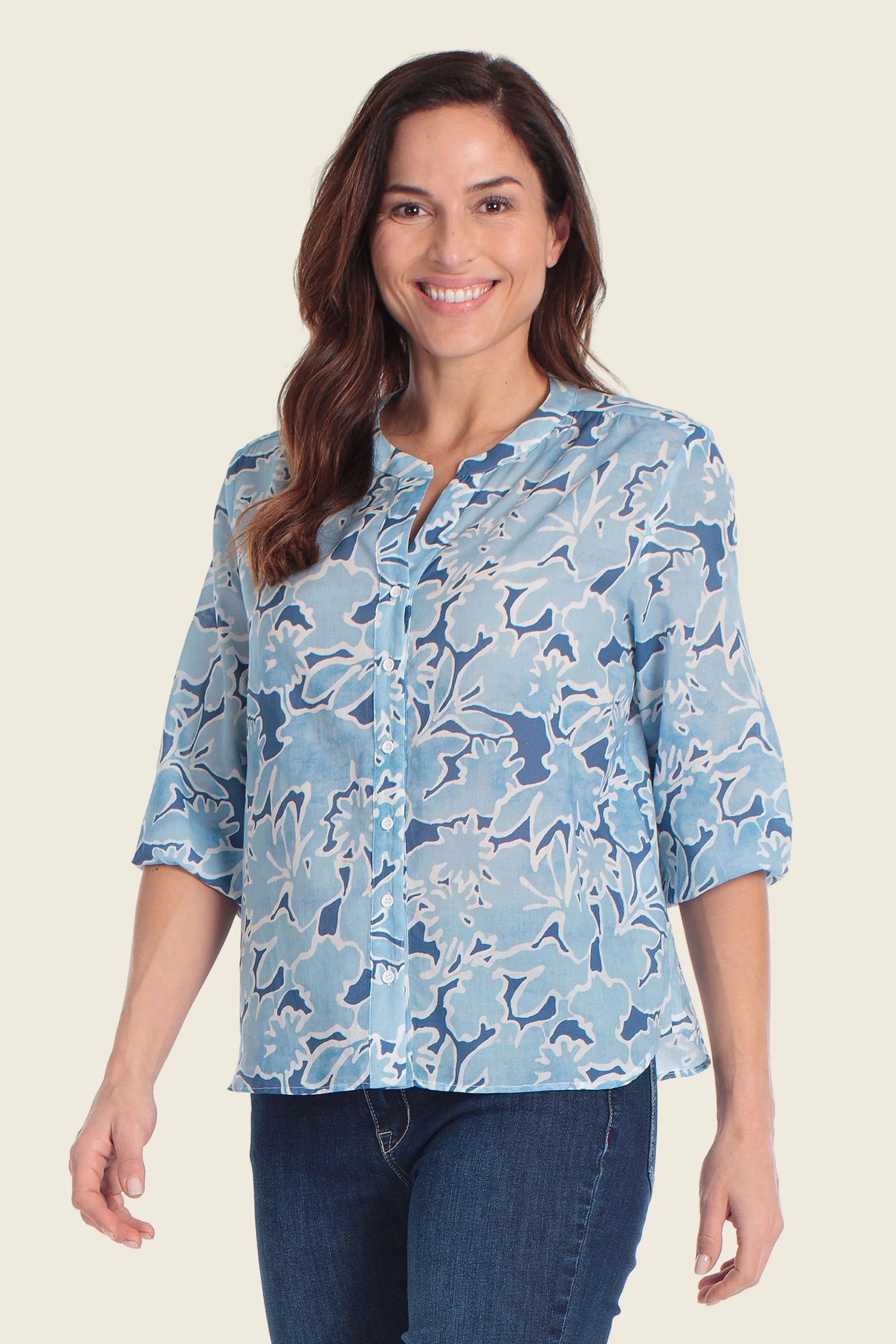 Gerry Weber Blue Flower Print 0 Long Sleeve Printed Blouse SKU: N61065_637 Image 01