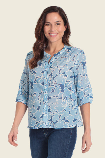 Gerry Weber Blue Flower Print 0 Long Sleeve Printed Blouse SKU: N61065_637 Image 01