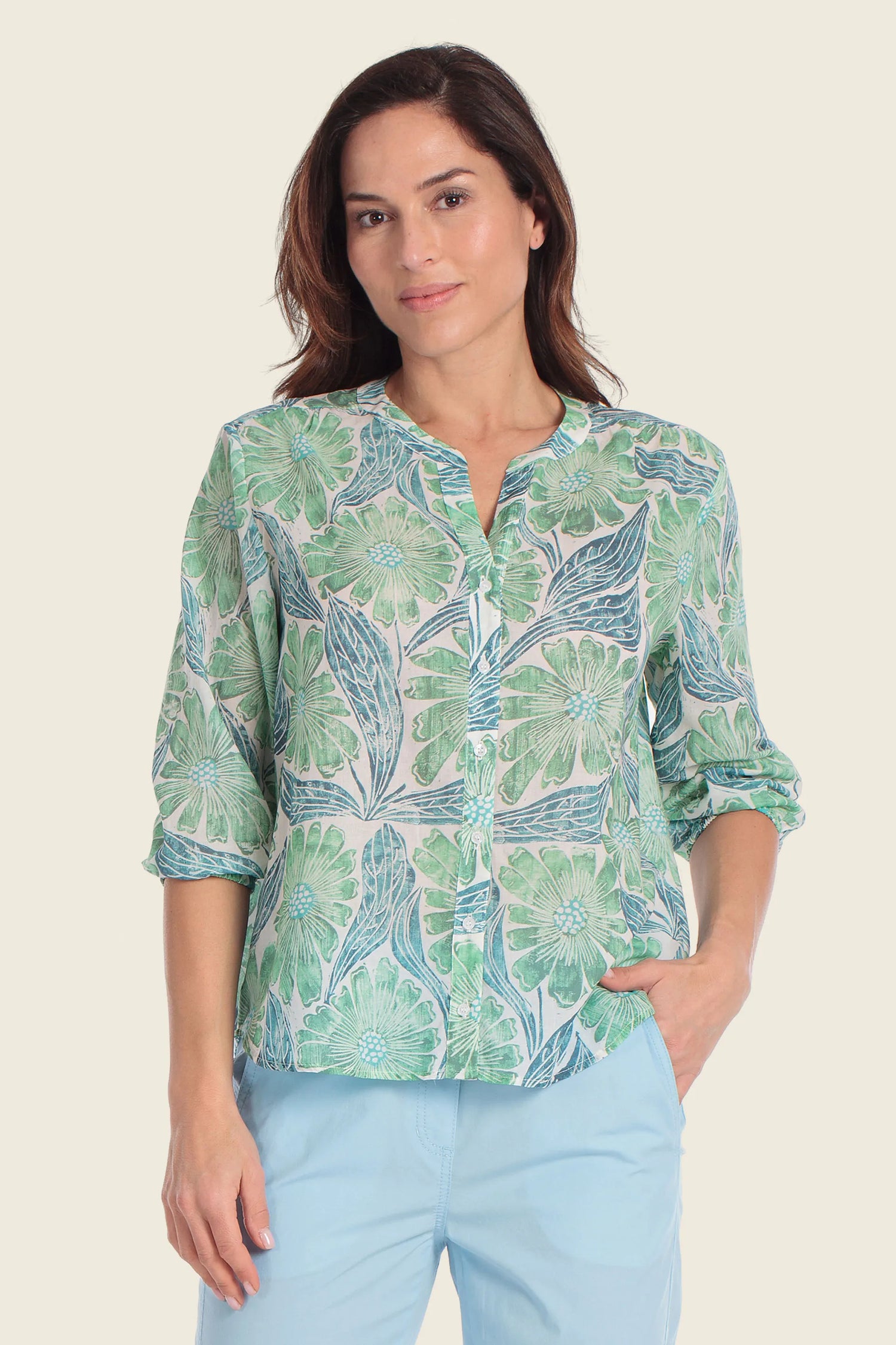 Gerry Weber Flower &amp; Leaves Print 0 Long Sleeve Printed Blouse SKU: N61081_658 Image 01