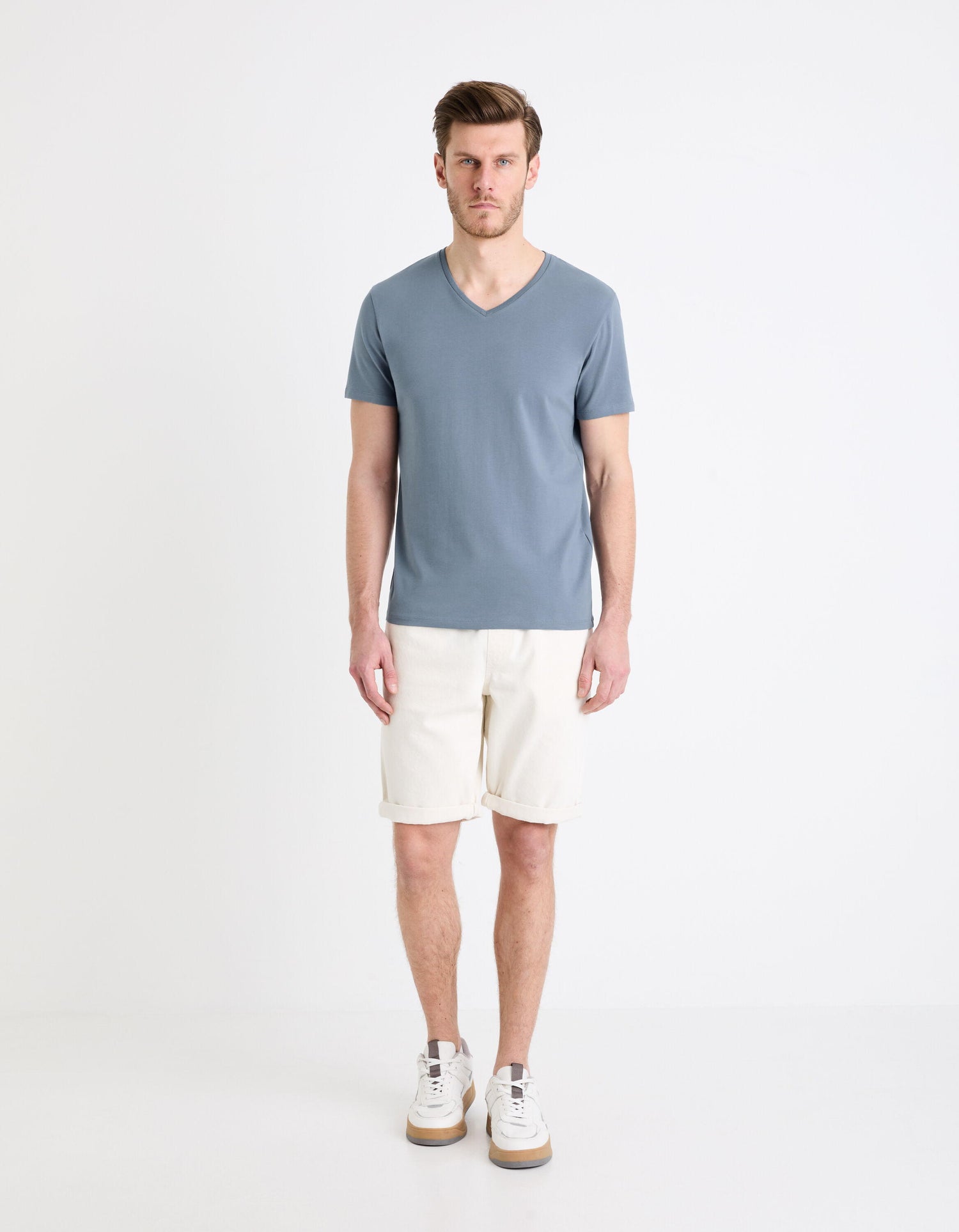 Slim Stretch V-Neck T-Shirt_NEUNIR_BLUE STONE_02