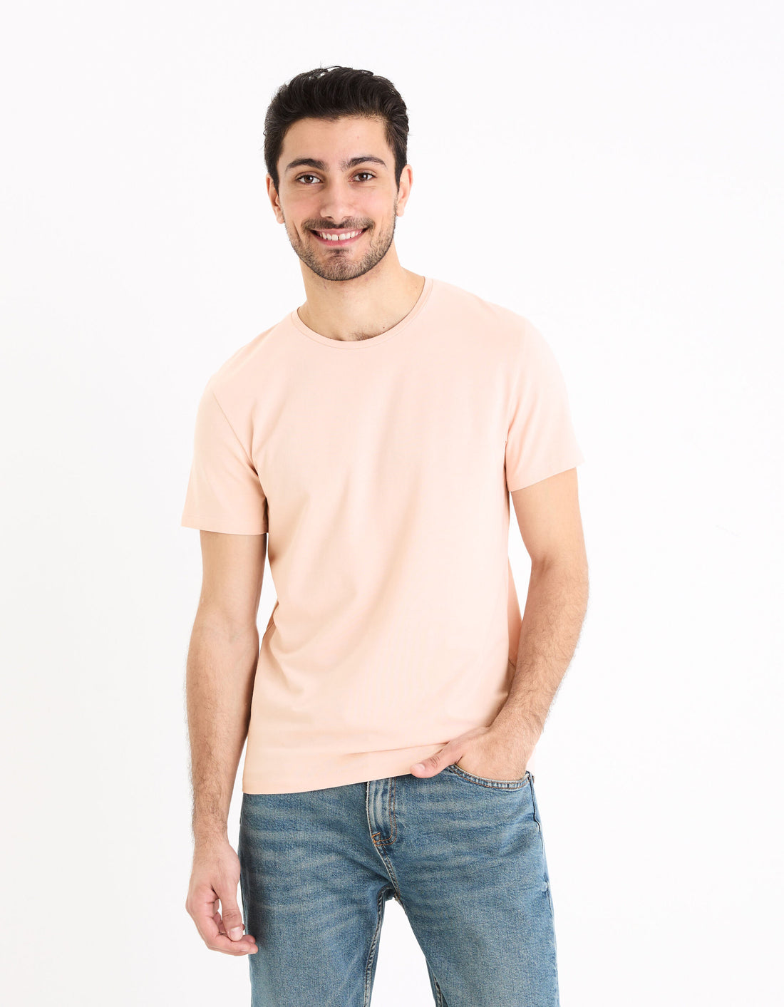 Round-Neck Stretch Cotton T-Shirt_NEUNIR_BOIS DE ROSE_01