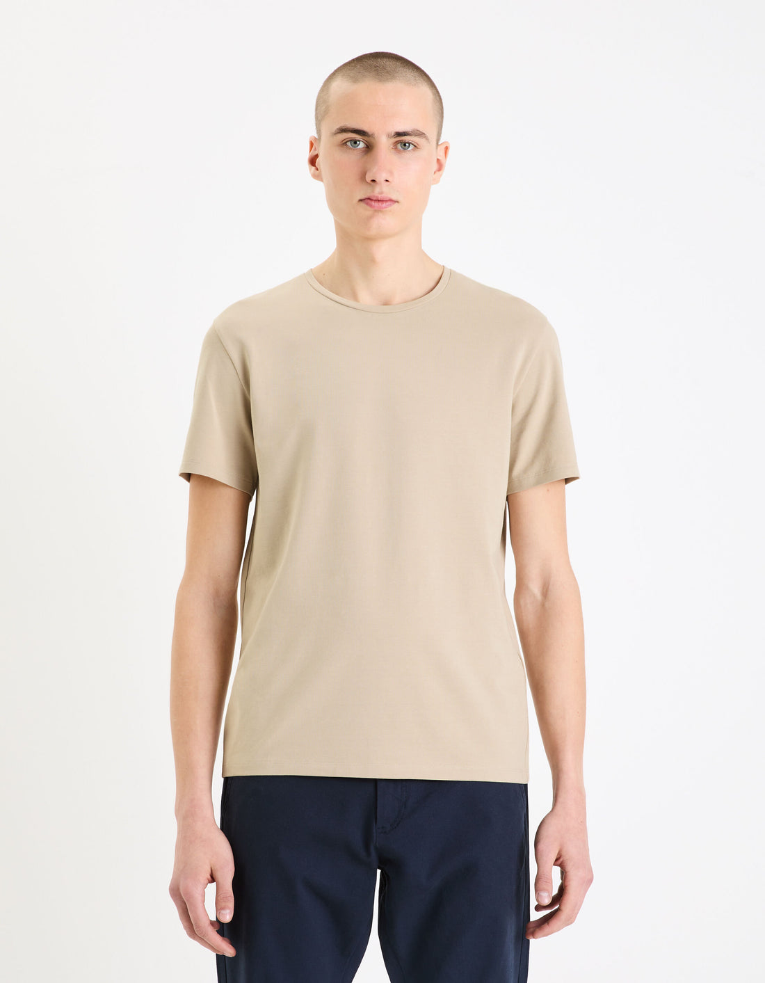Round-Neck Stretch Cotton T-Shirt_NEUNIR_RAY TAUPE_01