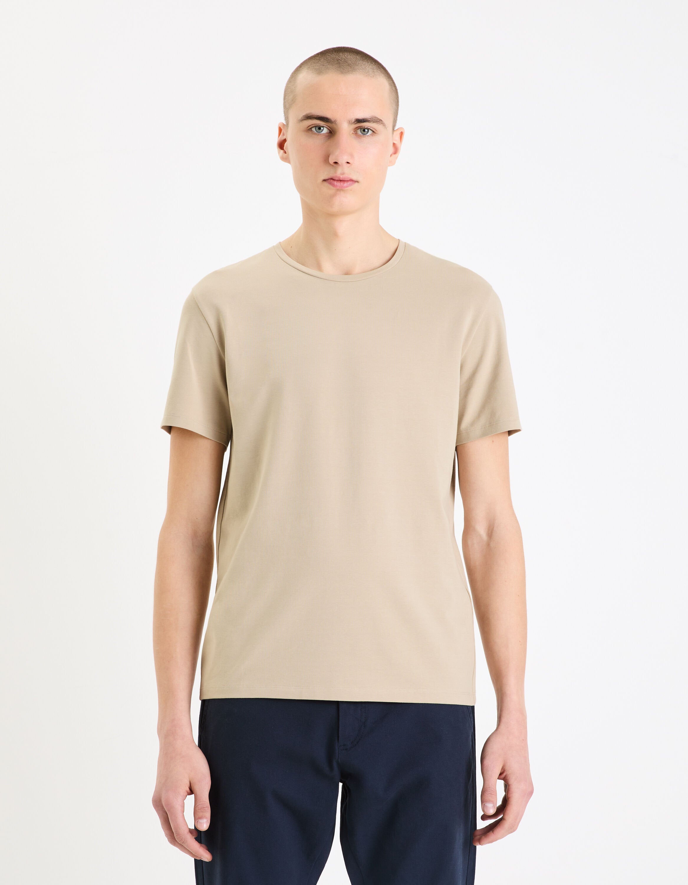 Round-Neck Stretch Cotton T-Shirt_NEUNIR_RAY TAUPE_01