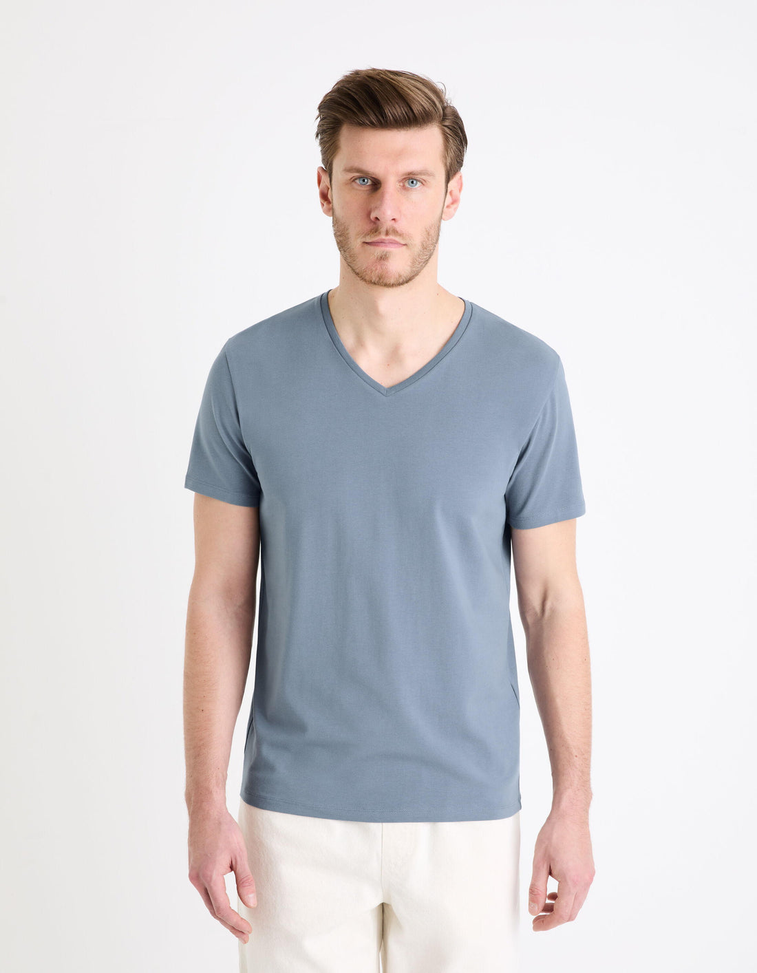 Slim Stretch V-Neck T-Shirt_NEUNIV_BLUE STONE_01