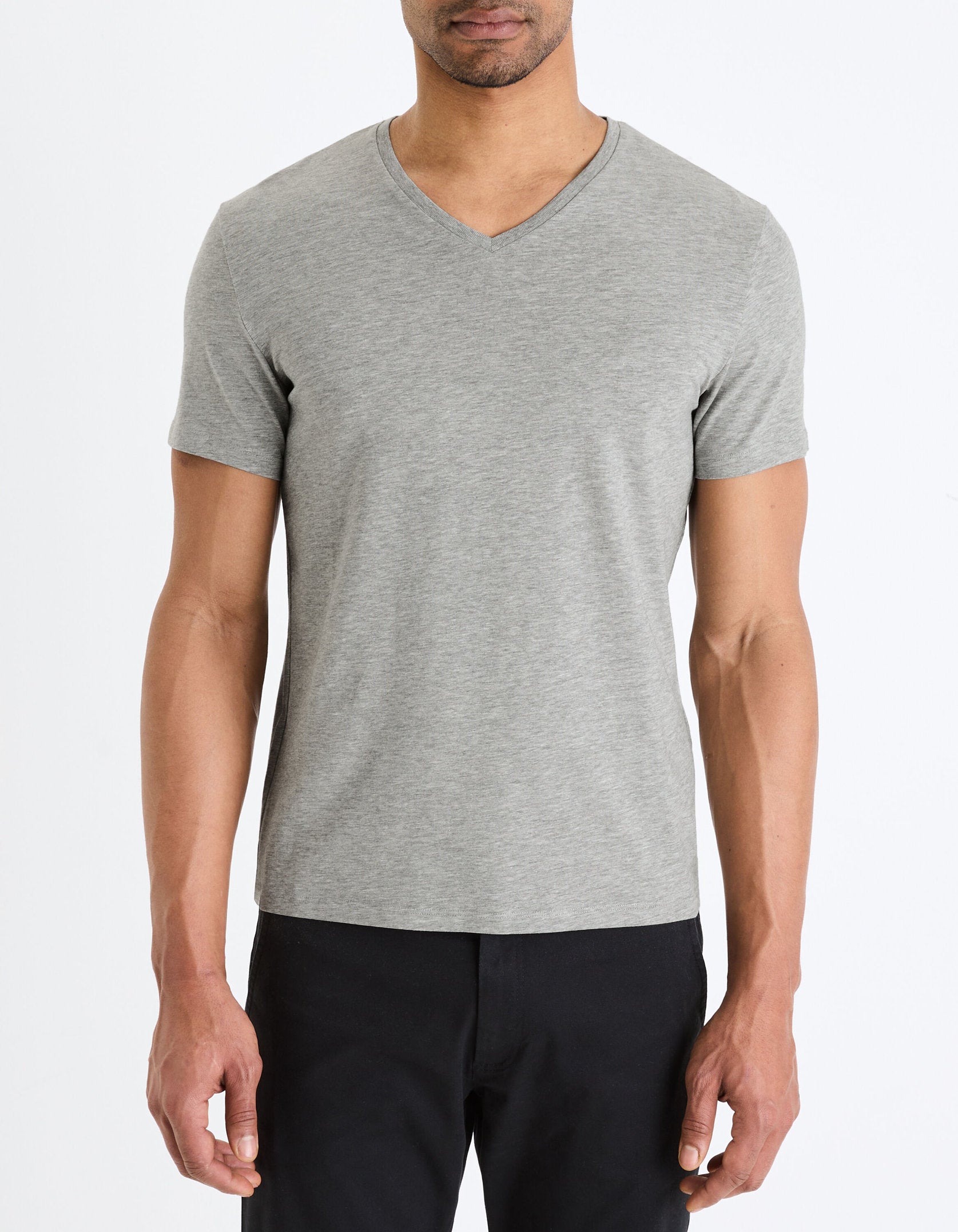 Slim V-Neck T-Shirt In Stretch Cotton - Heather Gray_02