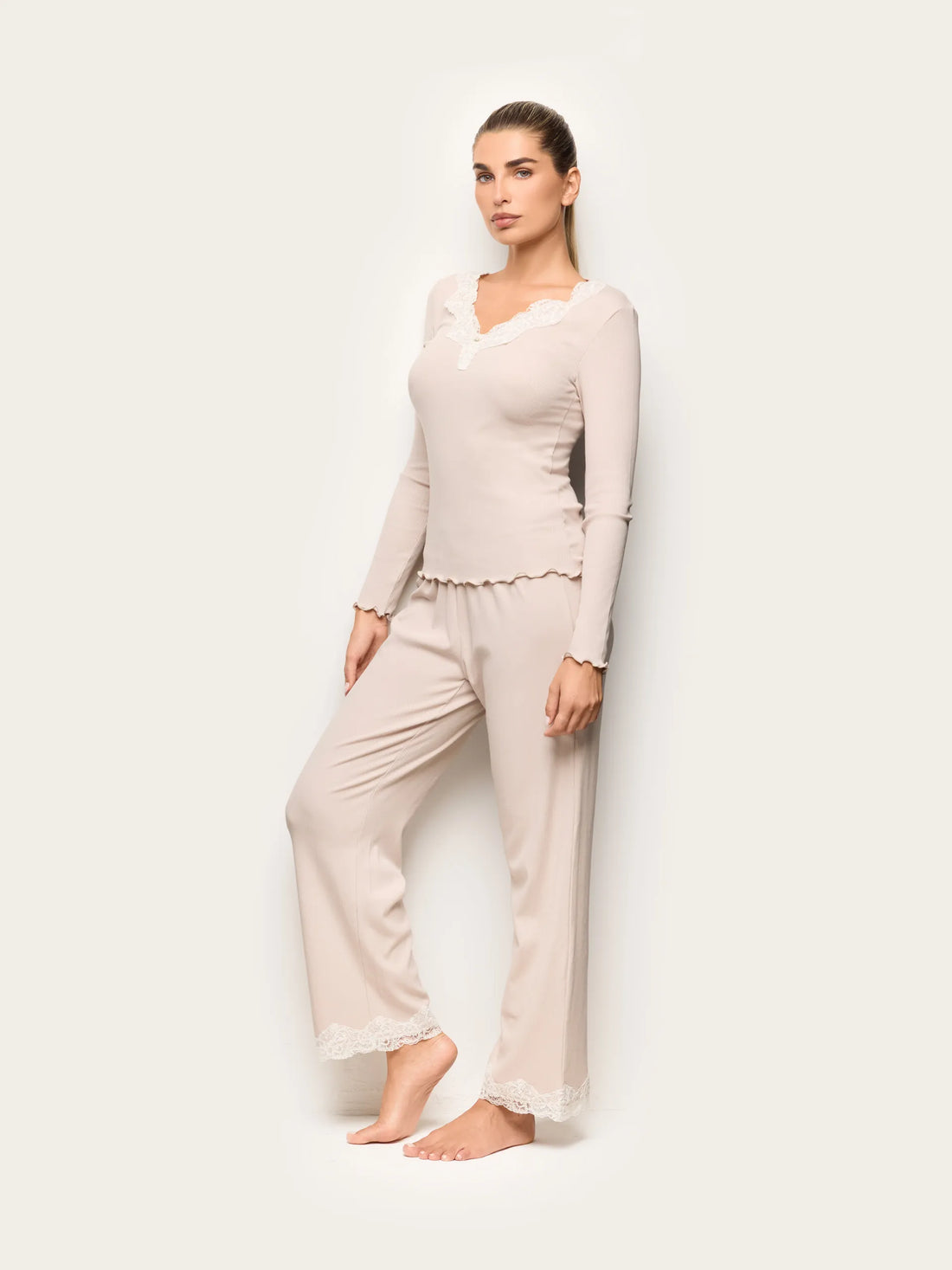 Yamamay BEIGE Women Full-Long Trousers - Basic Modal &amp; Cotton Rib SKU: PPBD193003_726 Image 01