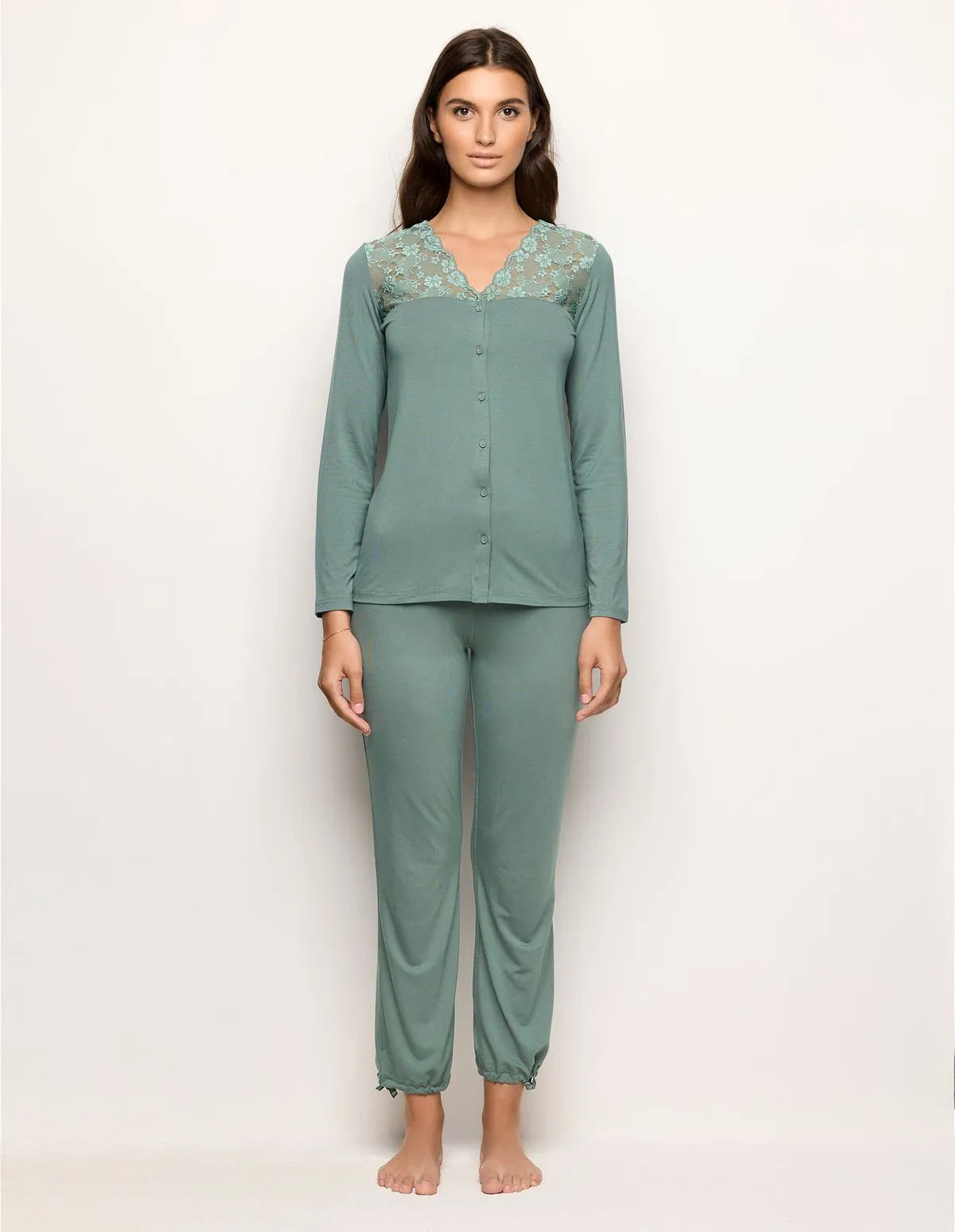 Yamamay_Sage Green_Long Open Pyjamas in Viscose and Lace Ð Primula Color_PPRD183001_120_02