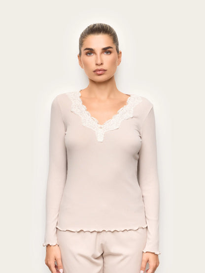 Yamamay BEIGE Women Long-Sleeve T-Shirt - Basic Modal &amp; Cotton Rib SKU: PPTD193003_726 Image 02