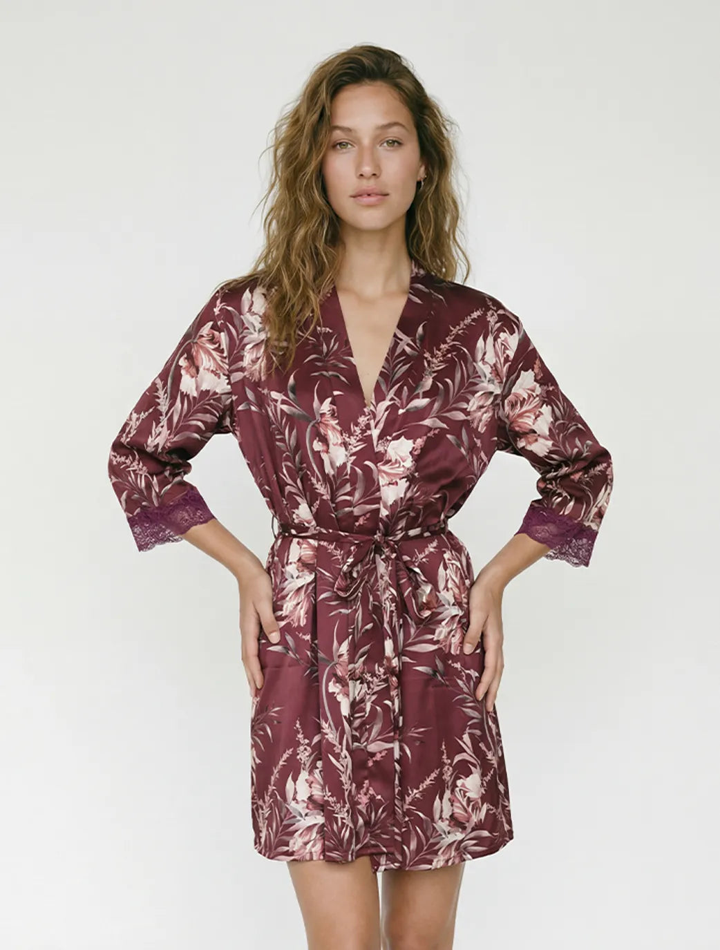 Marie France Multicolor Women Ava Botanical Lace Panel Satin Robe SKU: PYAVAROBE_Multicolor Image 01